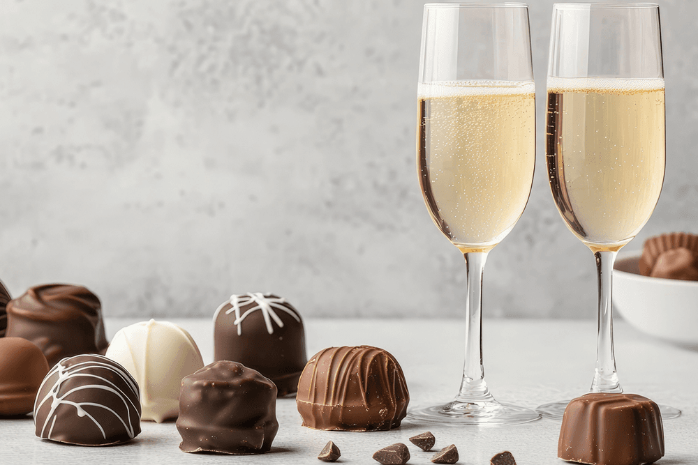 Two champagne flutes beside an assortment of chocolate truffles on a light surface.