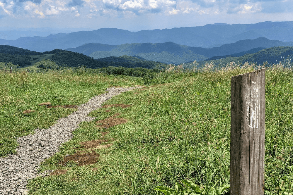 A gravel trail meanders through lush green grass, leading toward distant blue mountains under a cloudy sky.