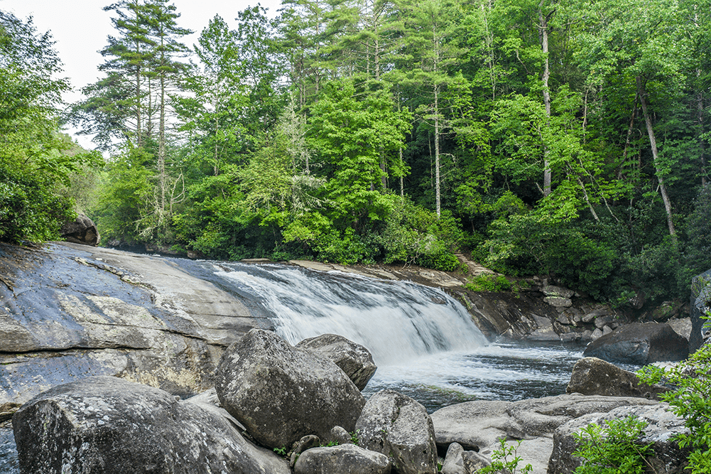 A gentle waterfall cascades over smooth rocks, surrounded by lush greenery.